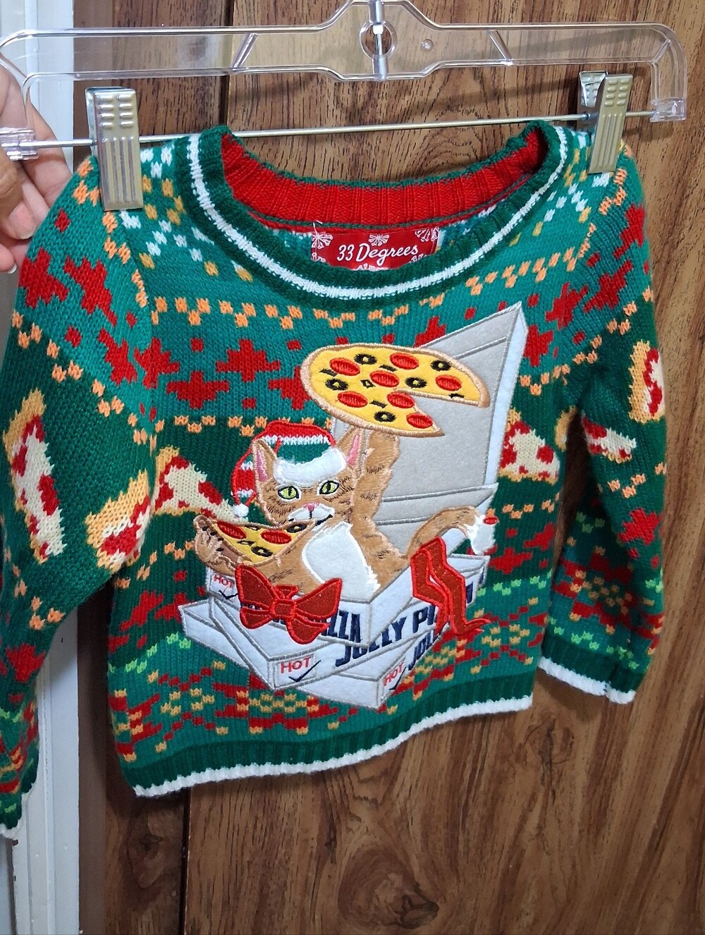 33 Degrees Kids Green Novelty Pizza Cat Sweater